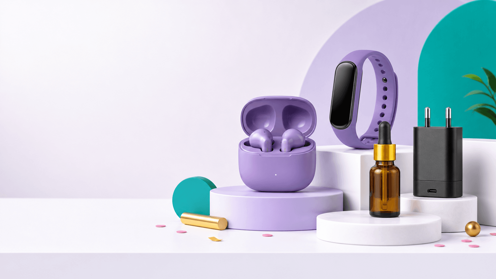 Wireless earbuds, fitness band, skincare serum and charger